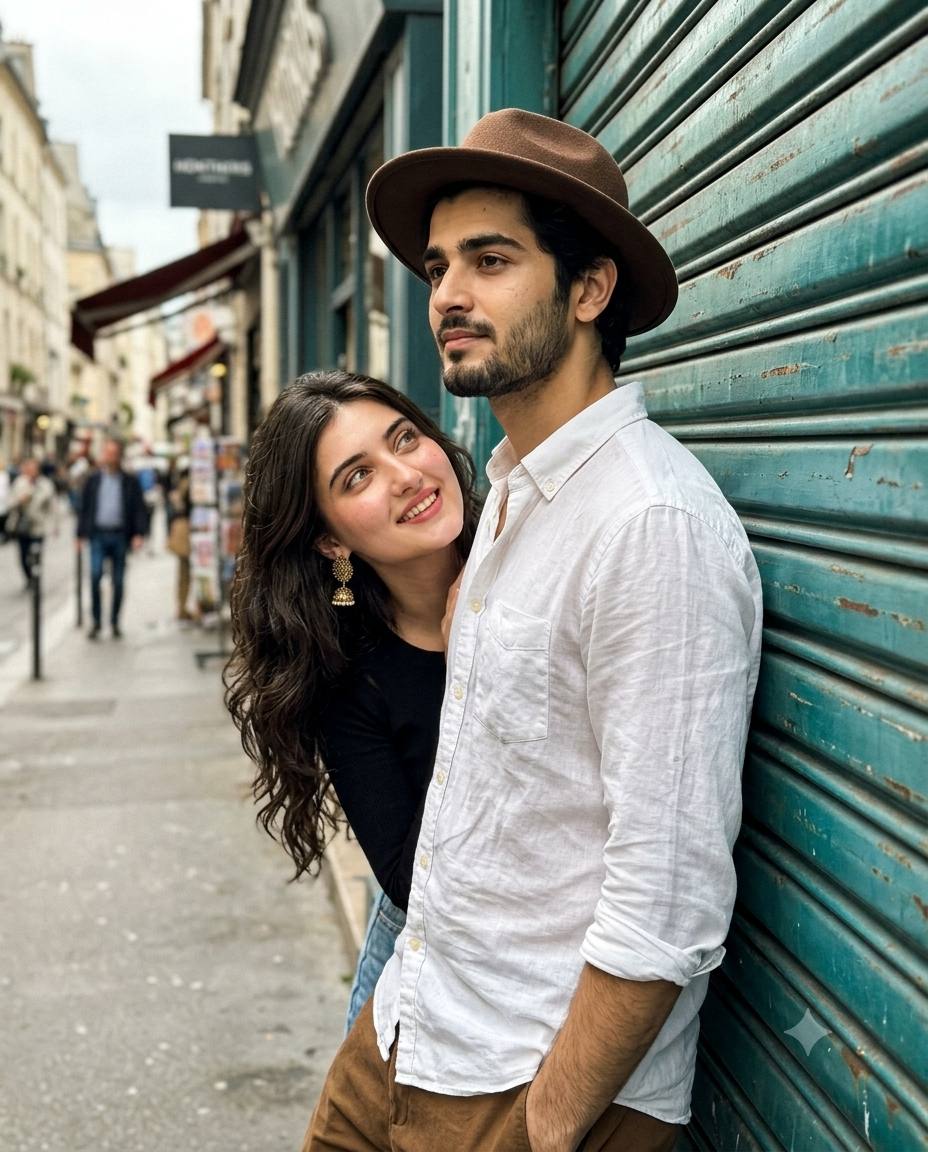 Candid couple street portrait AI prompt | Teal shutter & 4:6 framing