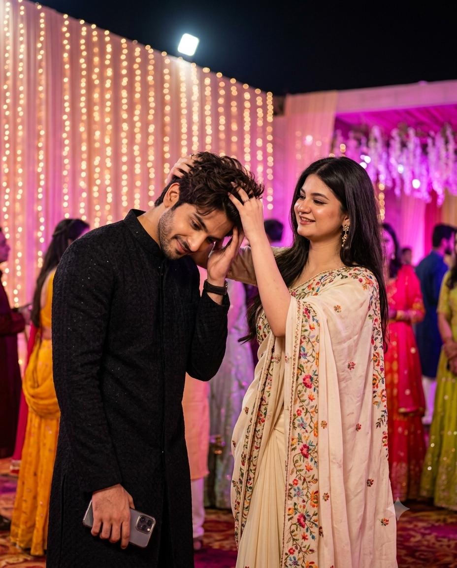 Indian wedding couple portrait AI image prompt | Playful hair-touch moment, pastel saree and fairy-light bokeh