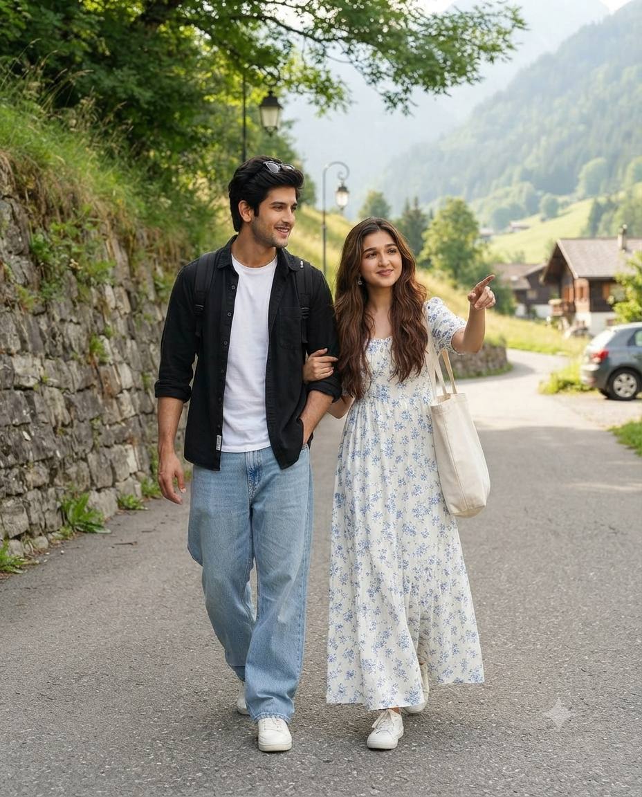 Indian couple mountain road travel portrait AI prompt | Candid cinematic style