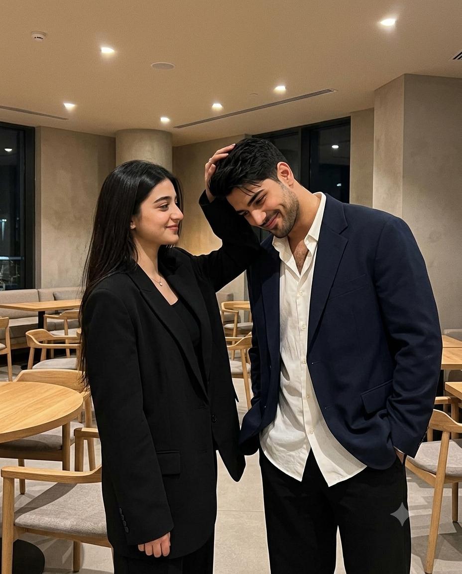 Nighttime couple portrait AI image prompt | Black oversized blazer, playful moment and cozy lounge setting