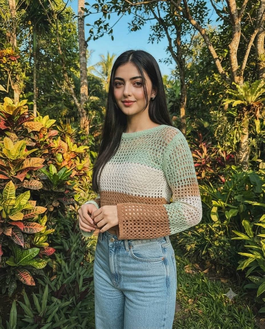 South Asian woman tropical garden portrait AI prompt | Candid crochet top style