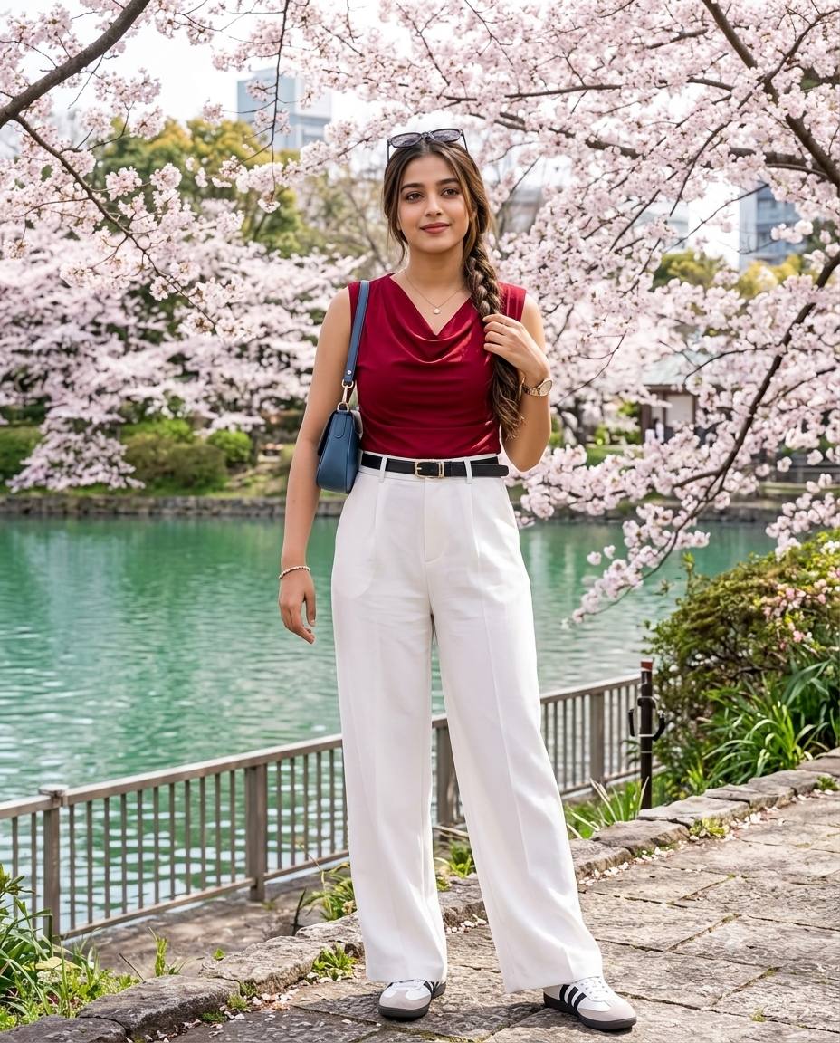 woman cherry blossom lake portrait AI prompt | Ultra-realistic fashion style