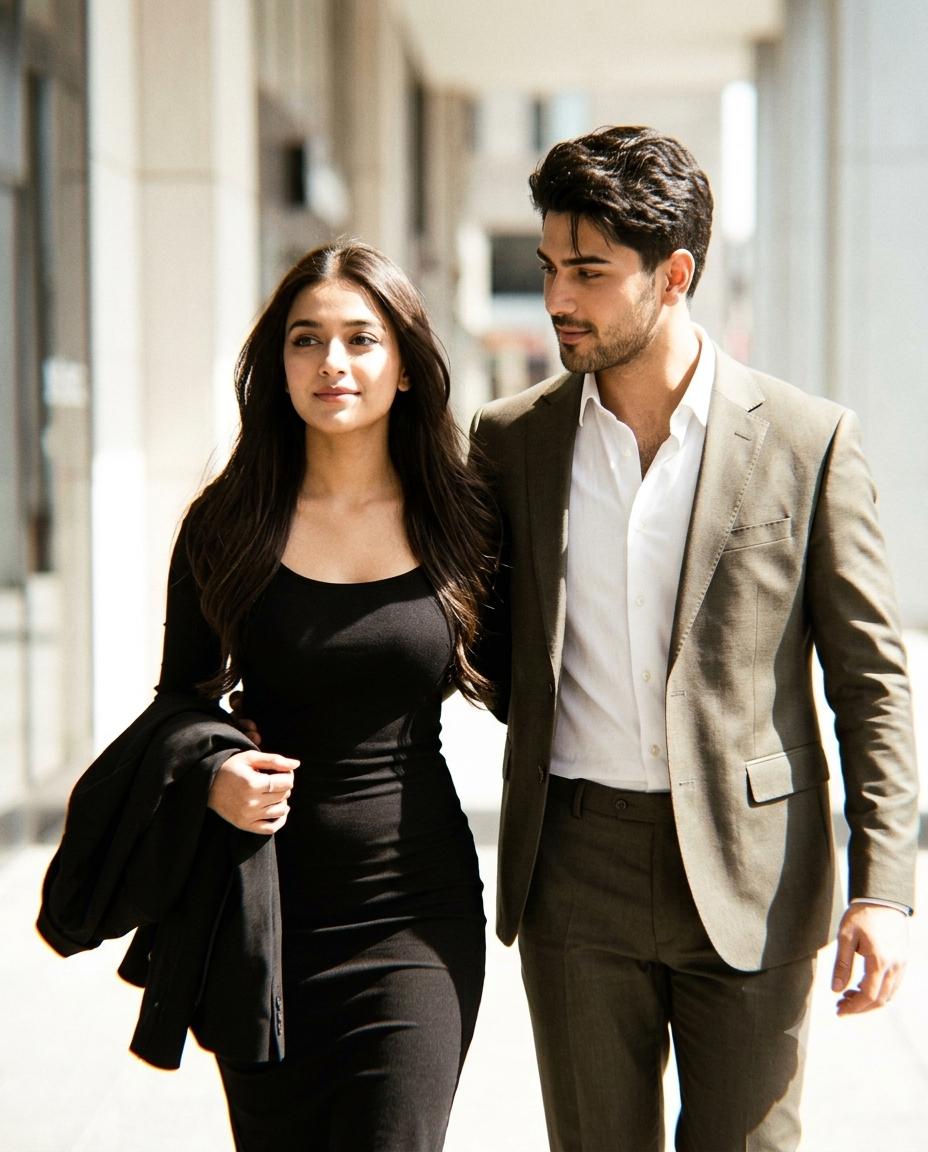 Couple 35mm Cinematic Portrait AI Image Prompt | Tailored Suit & Sunlit Urban Street