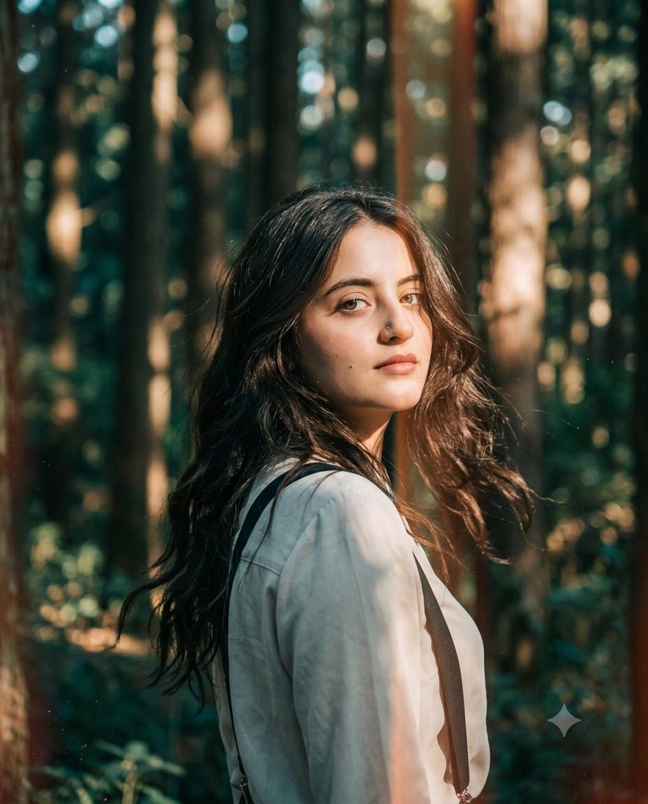 woman forest portrait AI image prompt Gemini | Teal and orange 35mm cinematic film photography