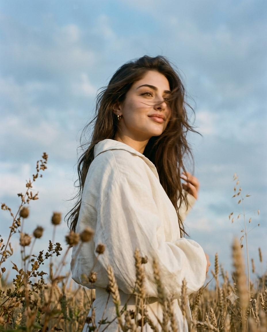 Autumn Wheat Field Portrait AI Image Prompt Gemini | Off-White Linen Shirt, Motion Blur & Kodak Portra 35mm Film Photography