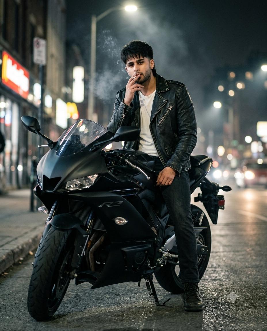Cinematic Biker Portrait AI Image Prompt Gemini | Black Leather Jacket, Sport Motorcycle & Urban Noir 8K Photography