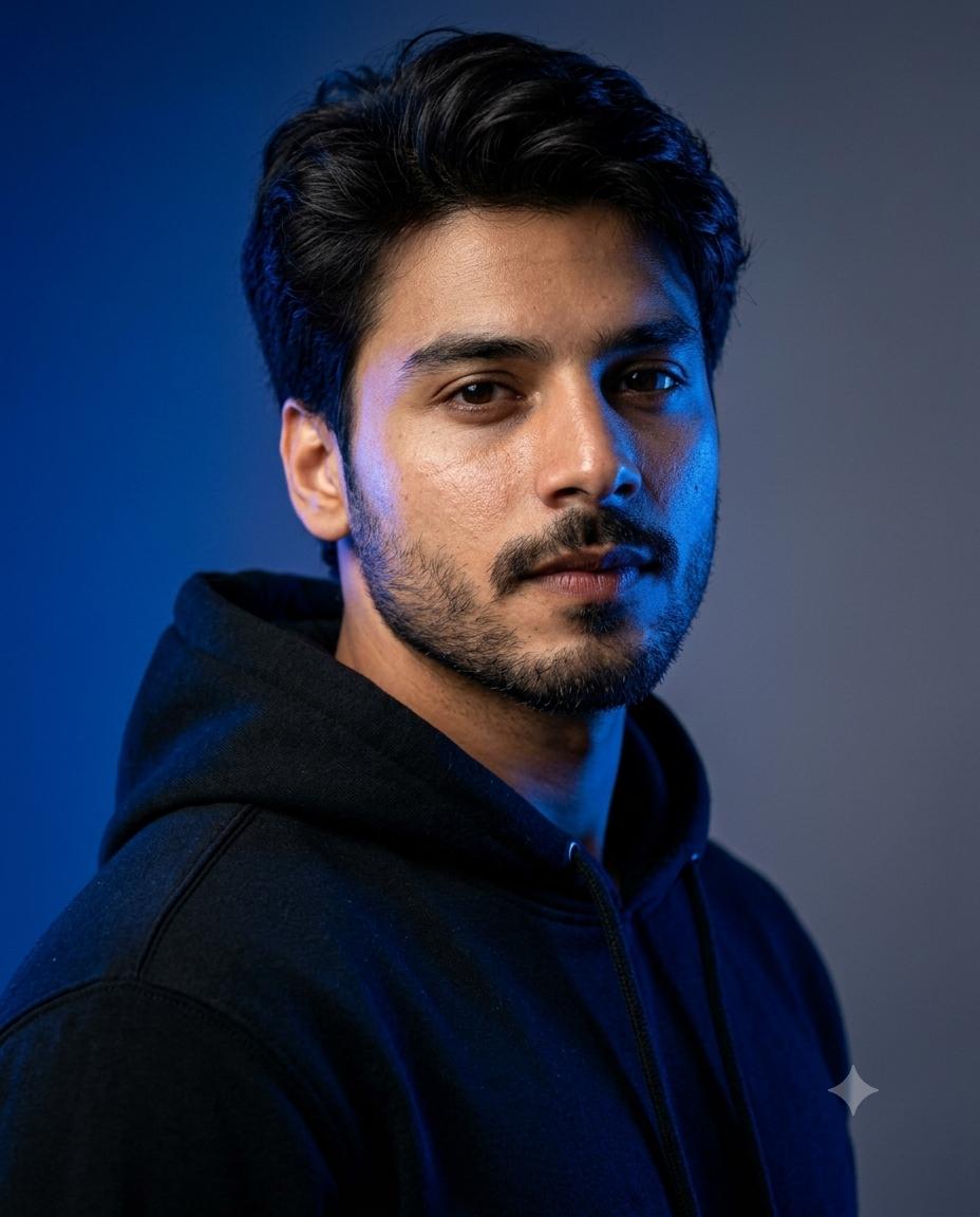 Blue-lit male portrait AI image prompt | Moody black hoodie 85mm studio fashion photography