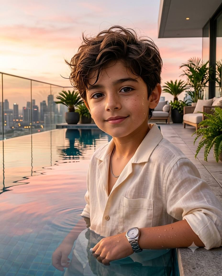 Rooftop pool boy portrait AI prompt | Linen shirt, luxury watch & sunset skyline