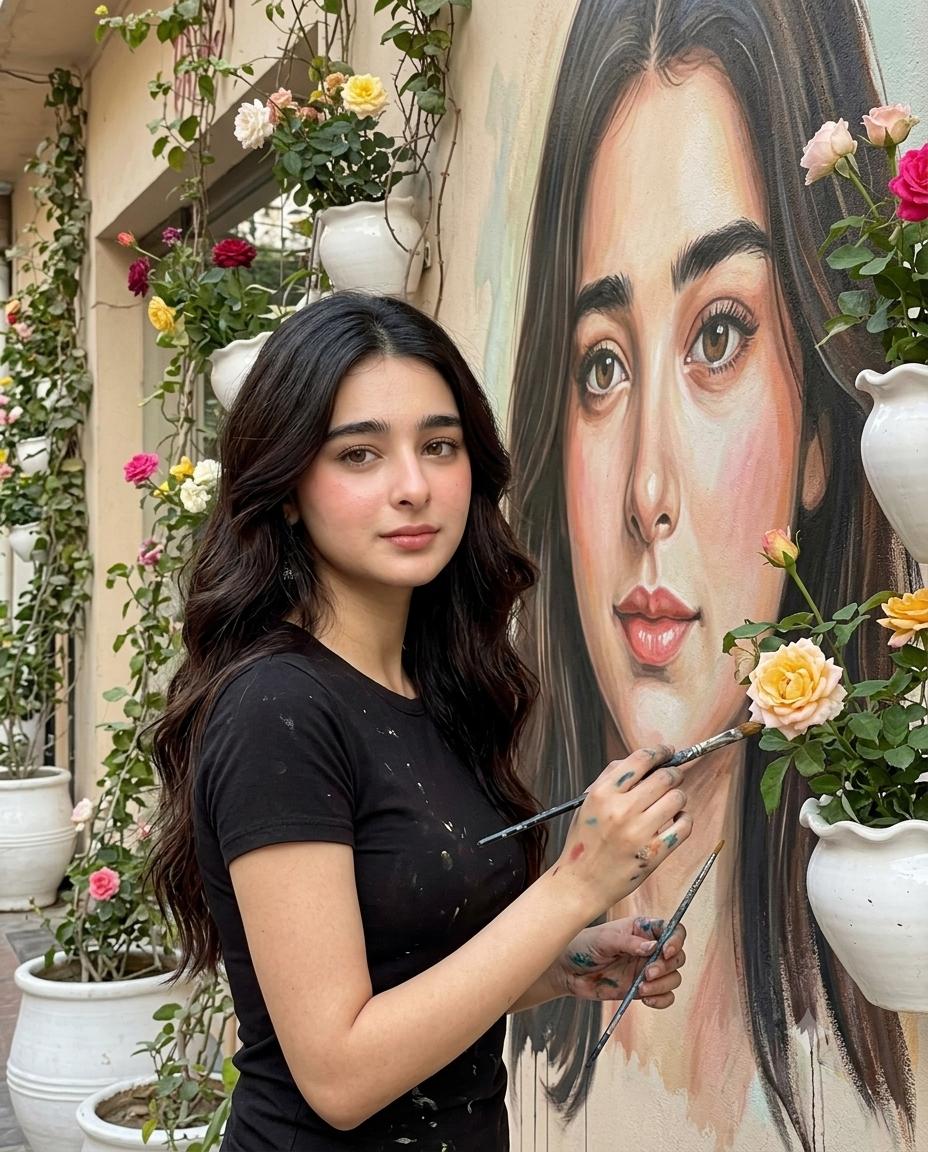 Café Mural Artist Portrait AI Image Prompt | Cinematic Rose Painting & Natural Light 8K