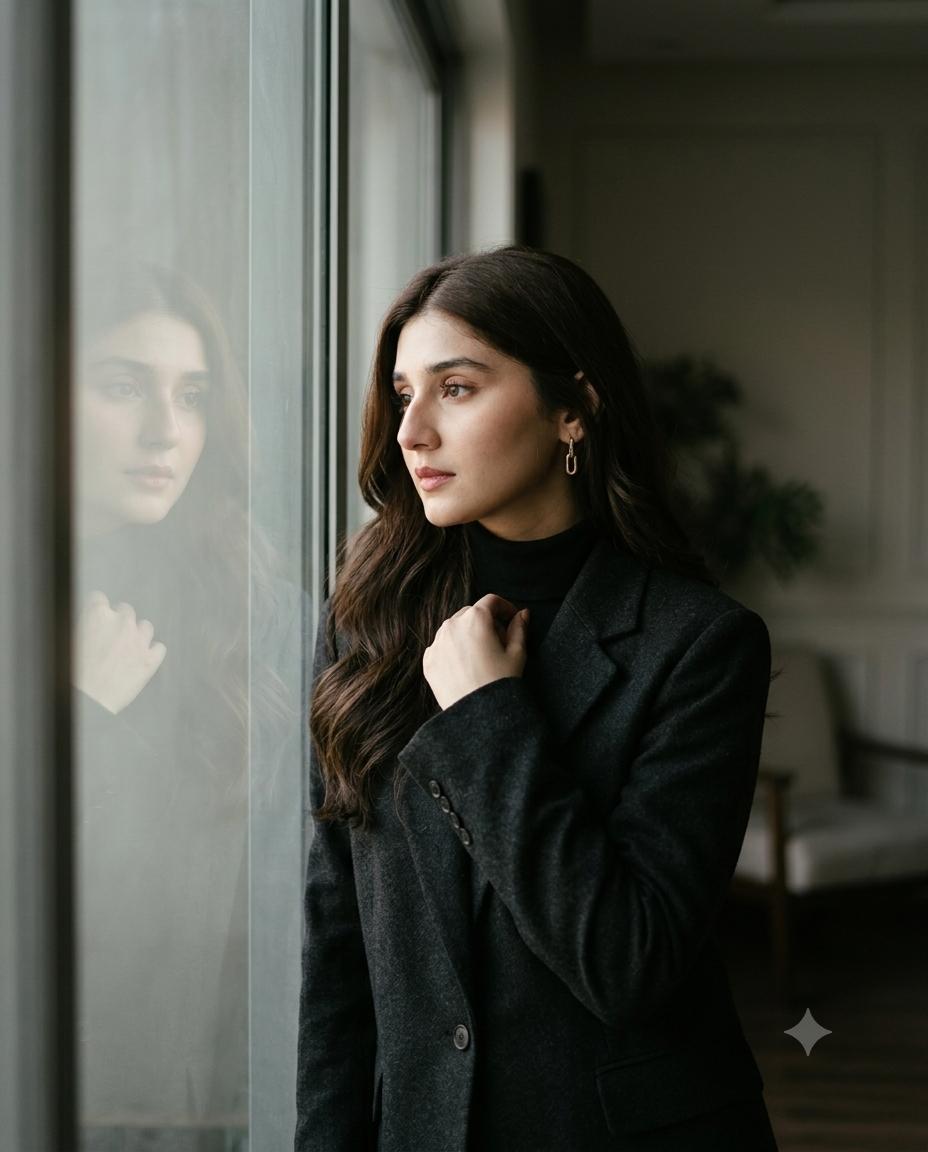 Cinematic woman portrait AI image prompt Gemini | Moody glass reflections and luxury fashion editorial