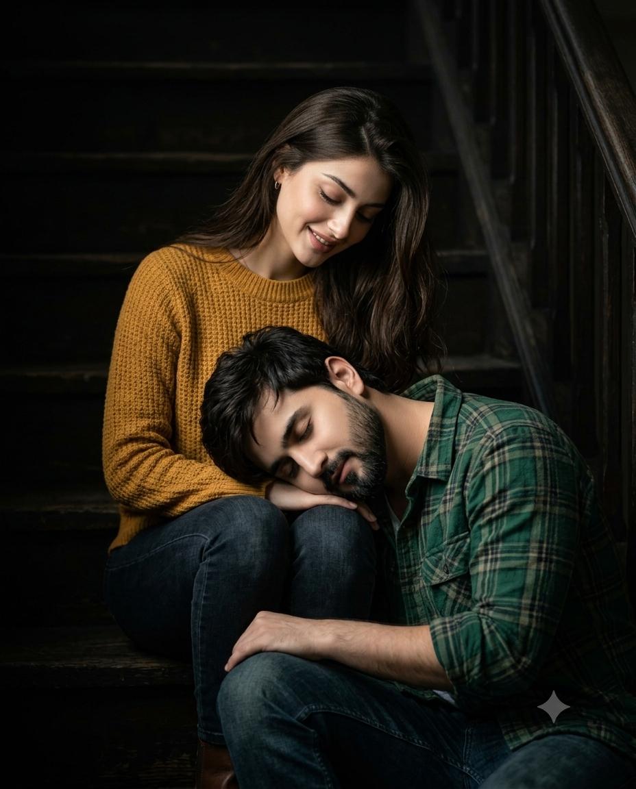 Couple portrait AI image prompt | Moody chiaroscuro lighting, dark wooden stairs and romantic cinematic style