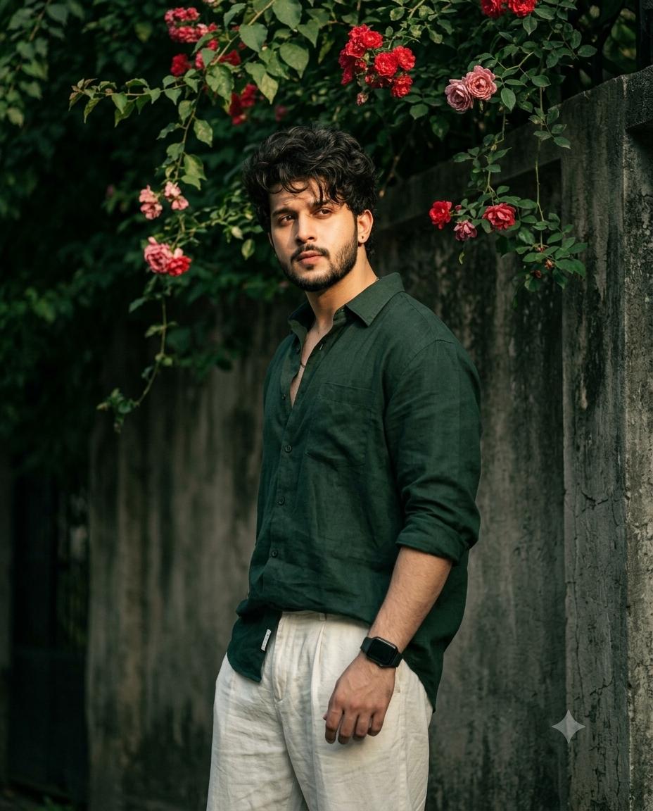 Cinematic Portrait Photography Dark Green Male AI Image Prompt Gemini | Oversized Shirt, Red Roses