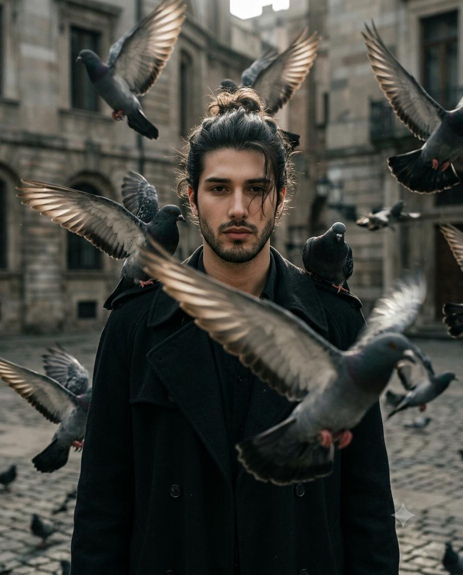 Flying pigeons cinematic portrait AI image prompt Gemini | Dark male fashion and dramatic lighting