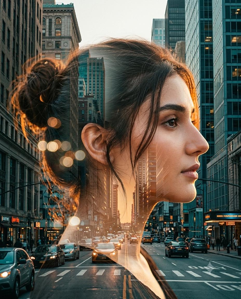 Cinematic Double Exposure Portrait of a Hollywood Actress AI Image Prompt