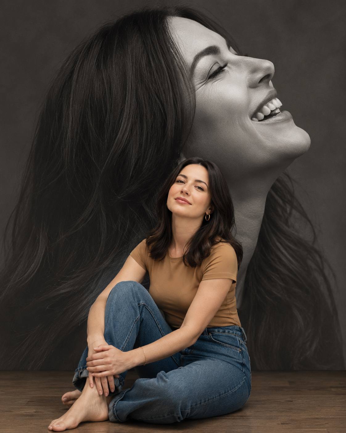 Cinematic Double Exposure Portrait of a Laughing Woman AI Image Prompt