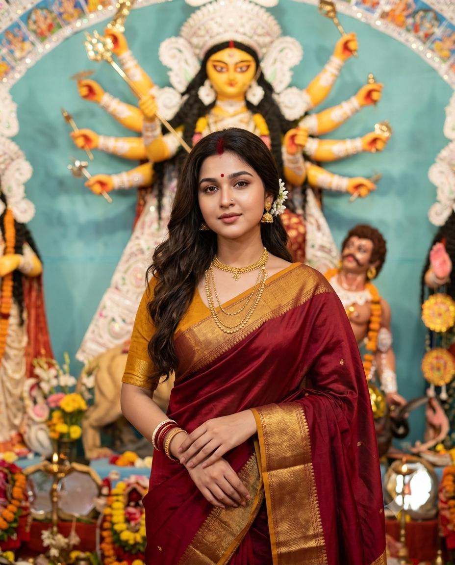 Maroon Silk Saree Durga Idol AI Image Prompt for Durga Puja