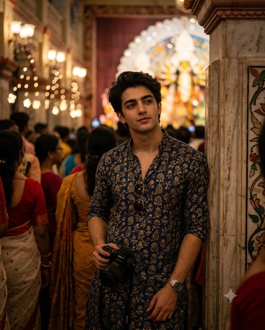 Durga Puja man portrait AI prompt | Printed kurta, luxury watch & pandal bokeh