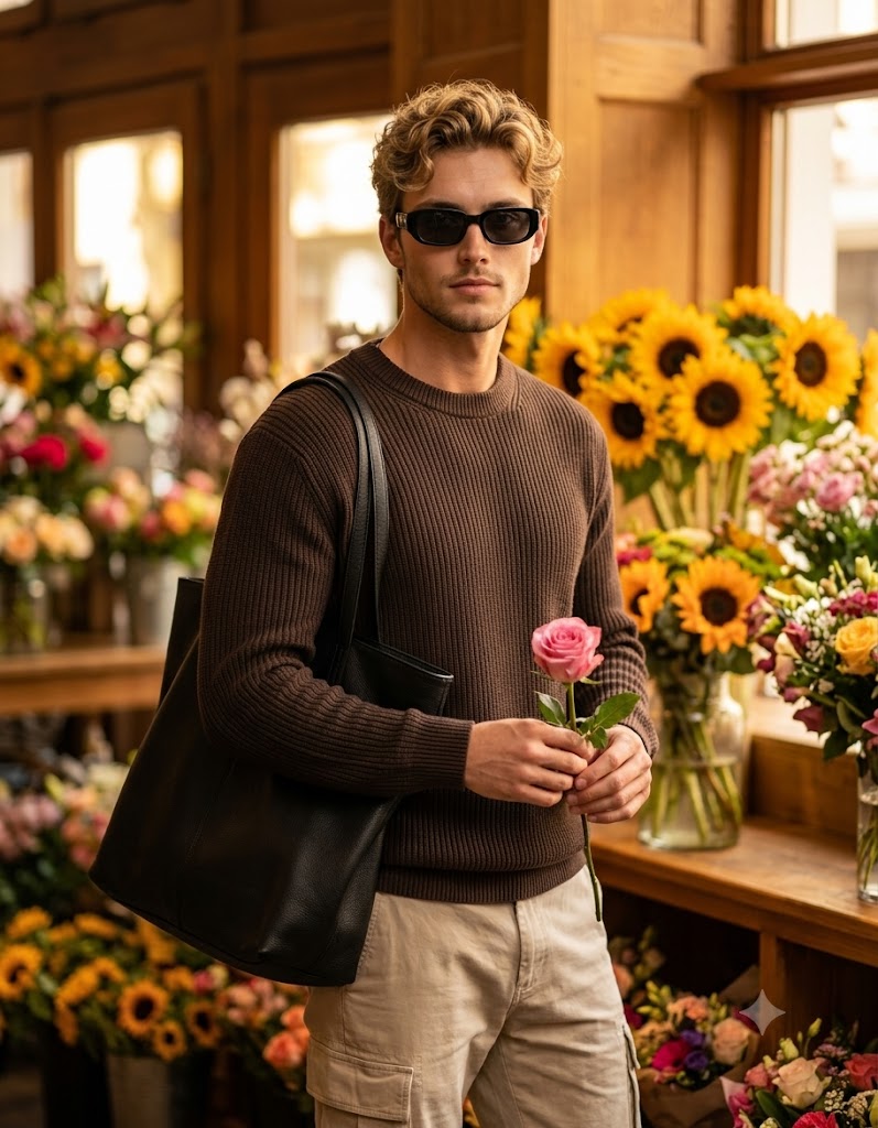 Cinematic Flower Shop Portrait | Men’s Luxury Fashion Editorial with Pink Rose Ai Prompt
