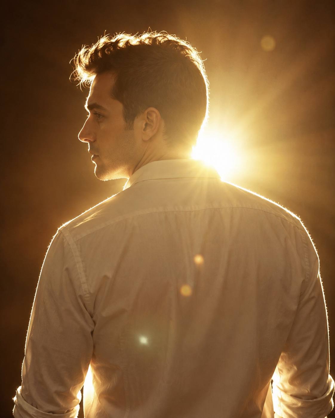 Cinematic Golden Backlight Side Profile Portrait of a Stylish Man AI Image Prompt
