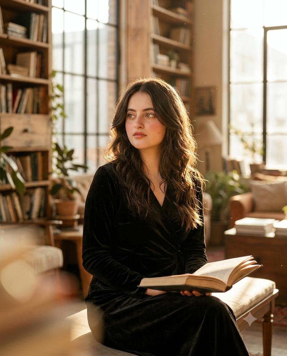 Woman library portrait AI image prompt Gemini | cinematic 85mm editorial photography