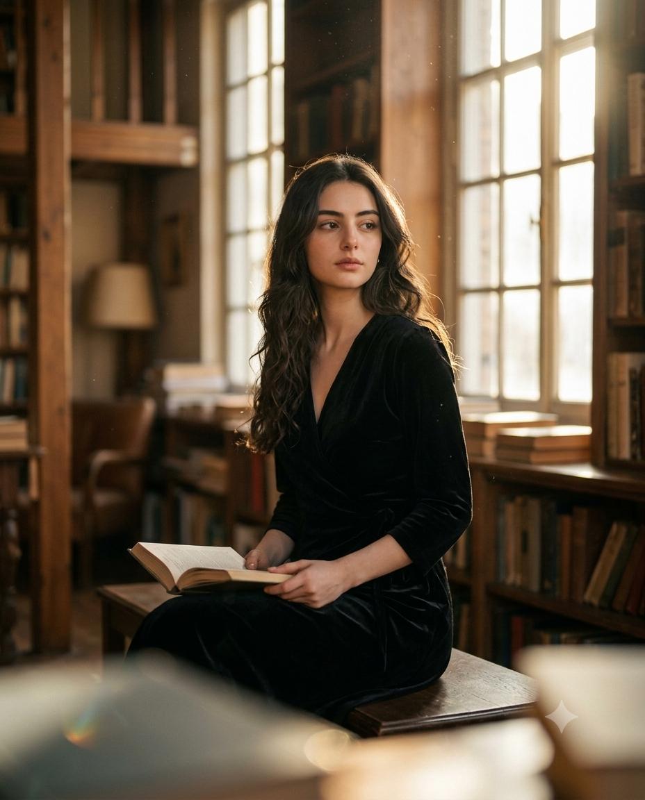 Woman library portrait AI image prompt Gemini | Cinematic Golden-Hour 85mm Editorial Photography