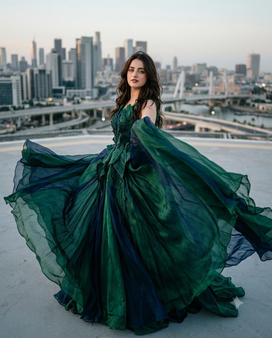 High-Fashion Motion Portrait AI Image Prompt Gemini | Flowing Garment, Rooftop Setting & Cinematic Editorial Photography