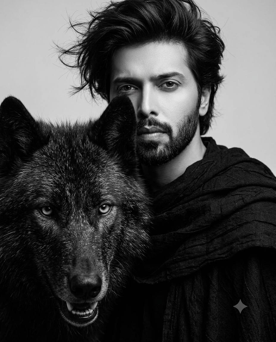 Human & black wolf portrait AI prompt | Gothic monochrome fantasy