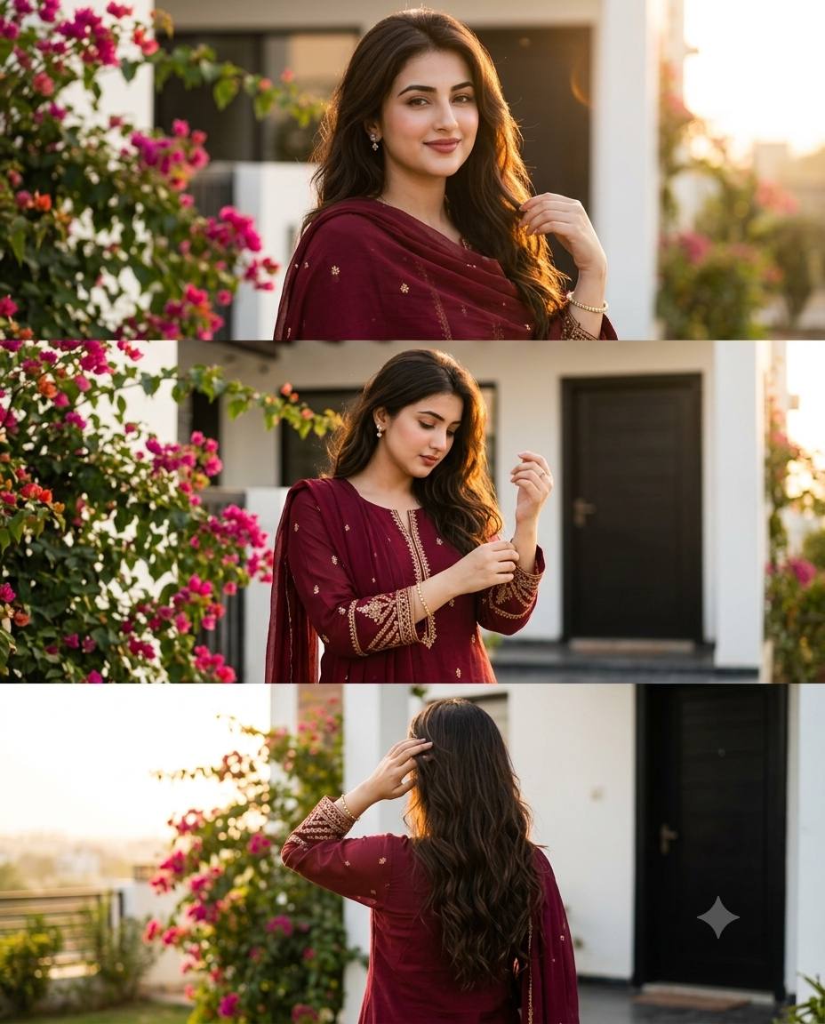 Indian girl portrait collage AI prompt | Maroon suit, bougainvillea & golden hour