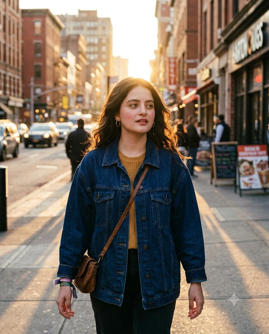 Cinematic woman street portrait AI image prompt Gemini | golden-hour urban photography