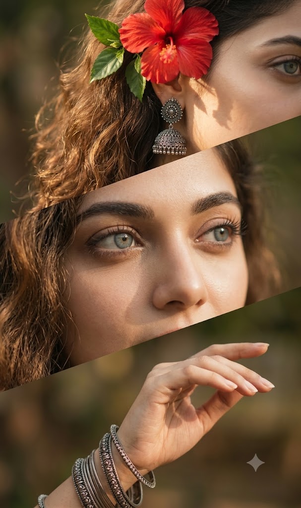 Cinematic Indian Woman Triptych Portrait AI Prompt | Jhumka, Hibiscus & Editorial Beauty