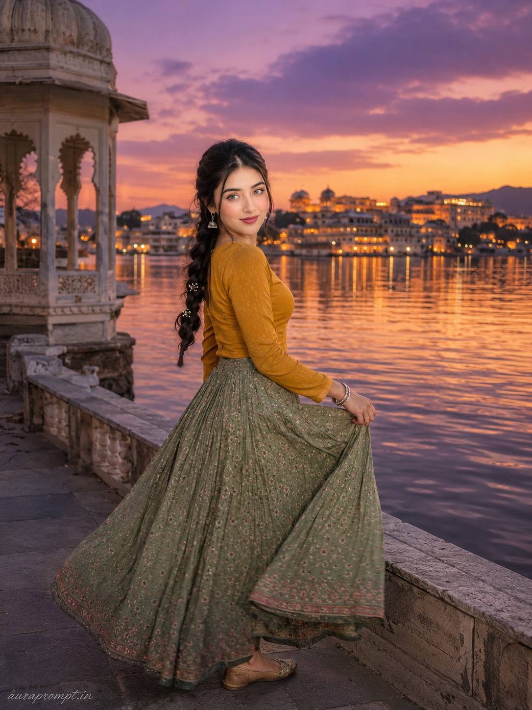 Cinematic Lake Pichola Sunset Portrait in Traditional Indian Fashion Ai Prompt