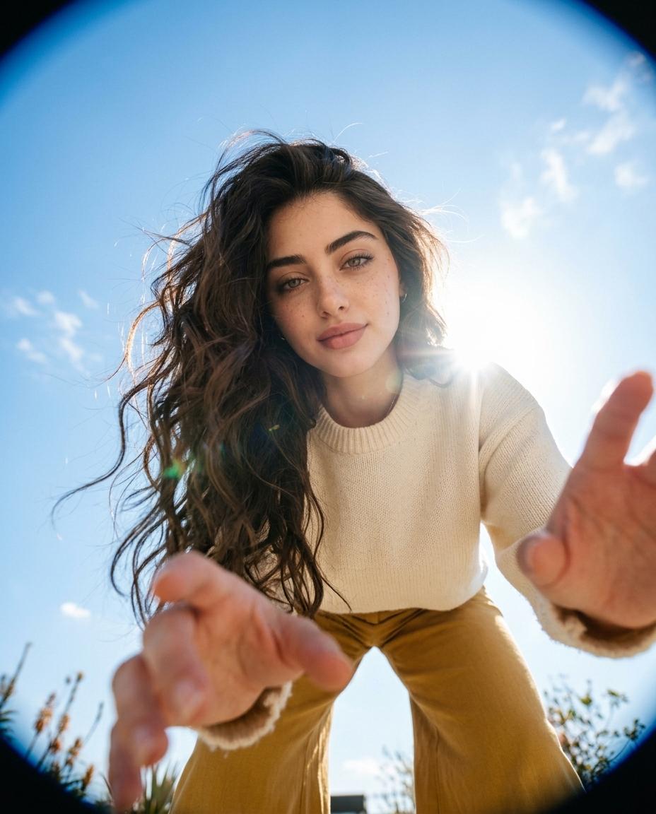 Cinematic Low-Angle Female Fashion Portrait AI image prompt Gemini | Wide-Angle Fisheye Lens