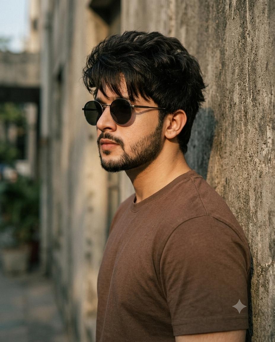 Male fashion portrait AI image prompt Gemini | Brown T-shirt, black sunglasses and golden-hour 35mm photography