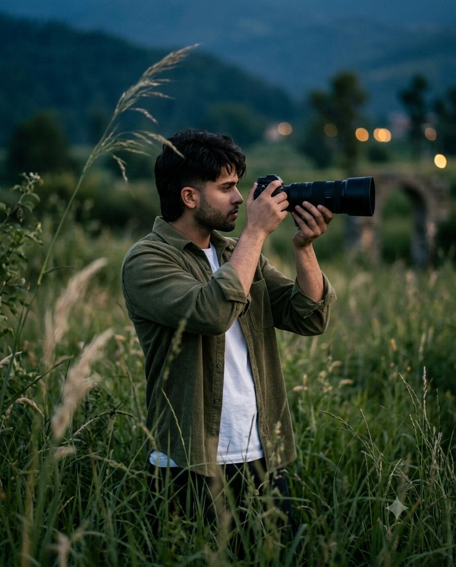 Cinematic Male Photographer Portrait in Twilight Meadow Ai Prompt | Golden Bokeh & 85mm Photography
