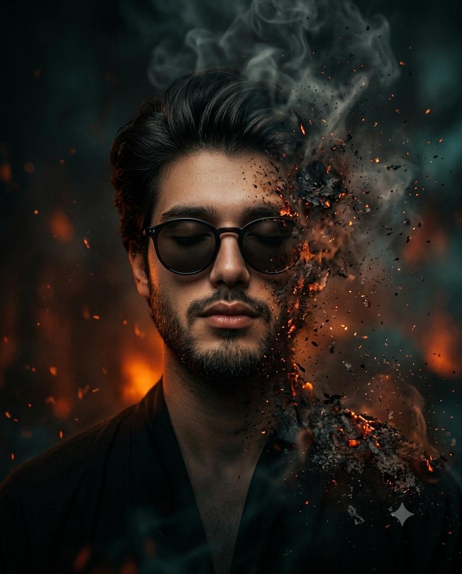 Male cinematic portrait AI image prompt Gemini | Smoke disintegration, glowing embers and dark teal background