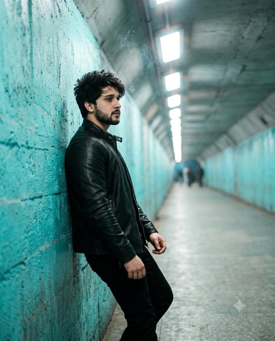 Cinematic and smoke effects Male tunnel portrait AI image prompt Gemini | Black leather jacket, turquoise lighting
