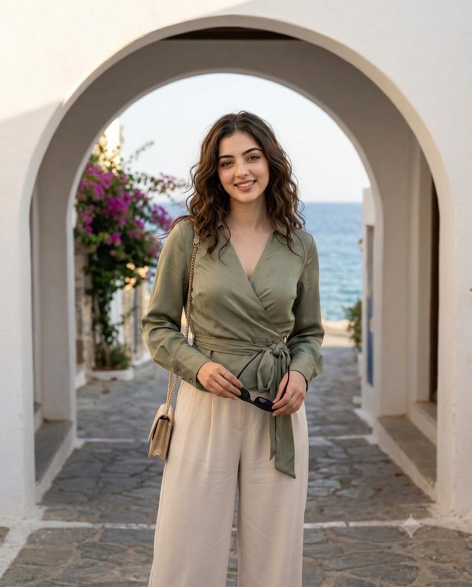 South Asian Woman Mediterranean Portrait AI Image Prompt | Sage Green Blouse & Ivory Trousers