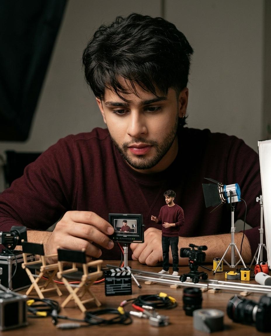 Miniature film set AI image prompt Gemini | Woman directing tiny self, scaled cameras and cinematic studio