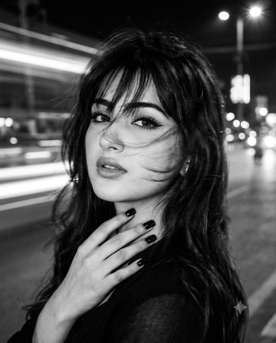 Monochrome motion blur portrait AI prompt | Dramatic makeup & city lights