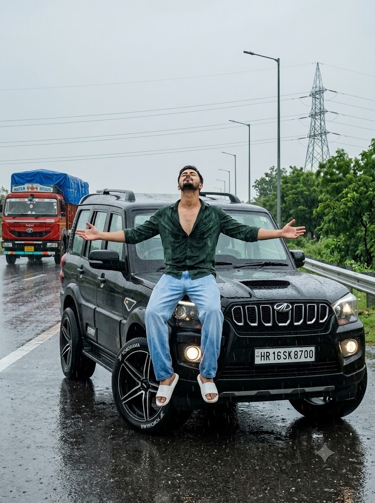 Cinematic Monsoon Portrait with Black Mahindra Scorpio SUV AI Prompt | Ultra-Realistic Rain Photography