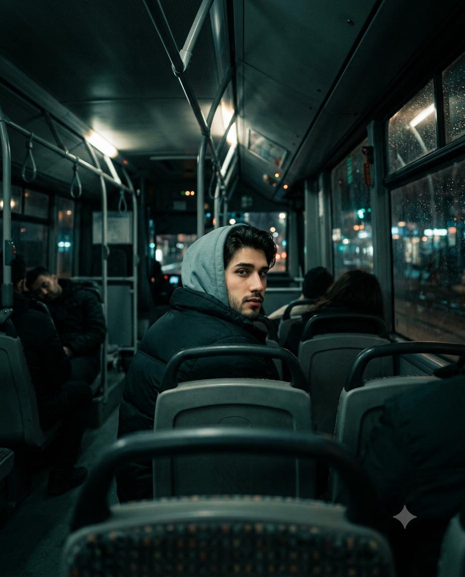 Cinematic Male Portrait on a Night Bus Ai image Prompt Gemini | Melancholic Urban Photography