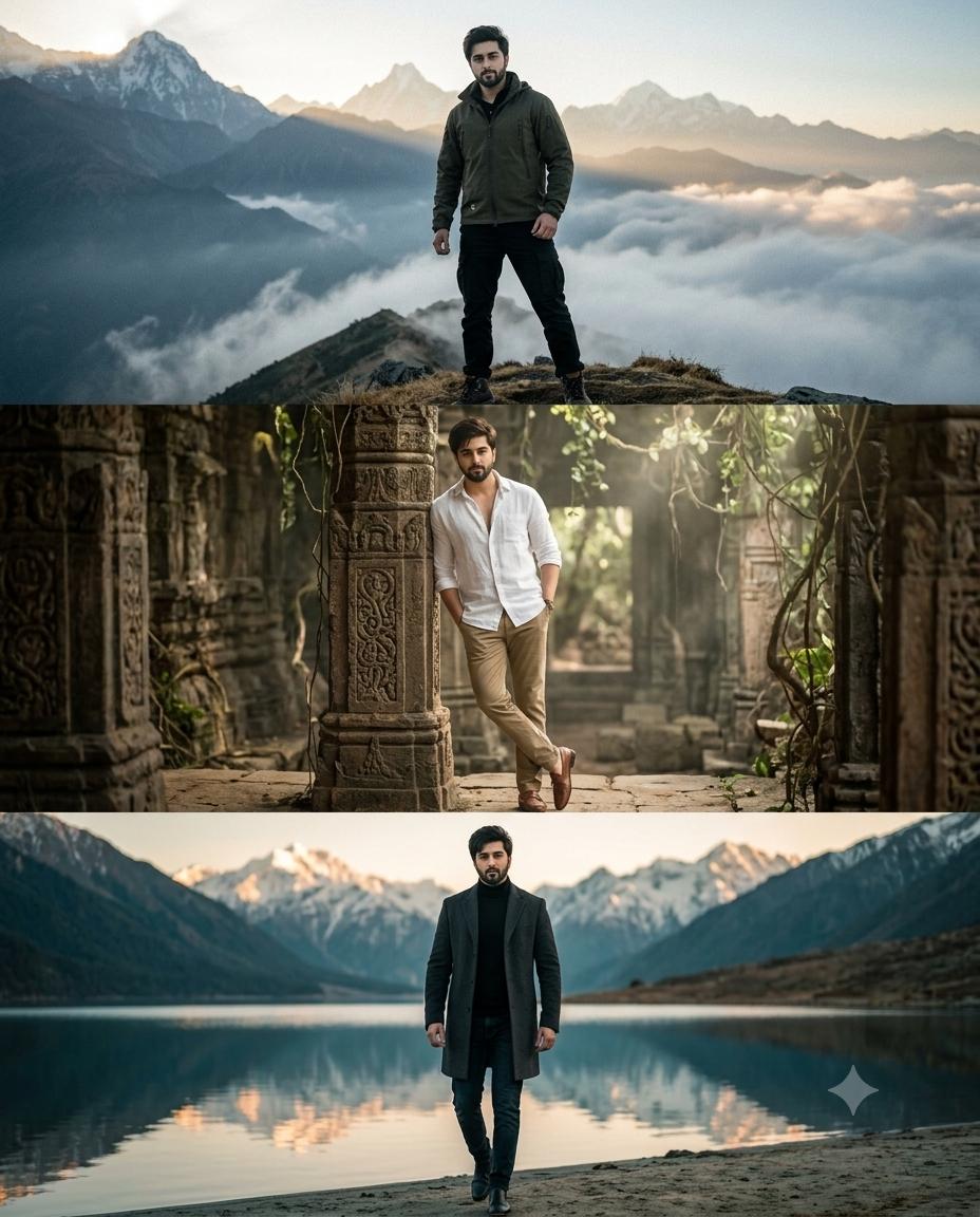 Mountain lakeside male fashion collage AI image prompt | Cinematic 3-panel editorial photography