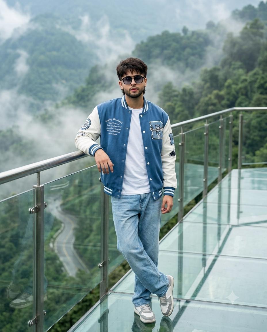 Mountain skywalk male portrait AI image prompt Gemini | cinematic travel photography