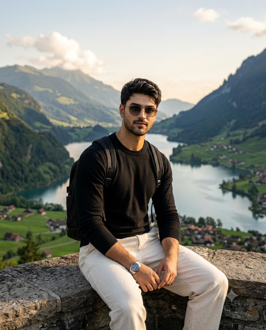 Mountain travel man AI prompt | Scenic lake & golden-hour portrait