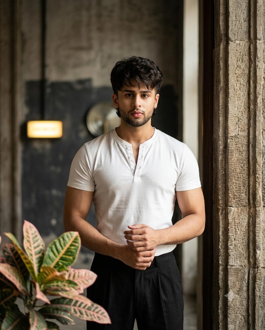 Muscular Male Fashion Portrait AI Image Prompt Gemini | White Henley, Black Trousers & Cinematic 85mm Photography
