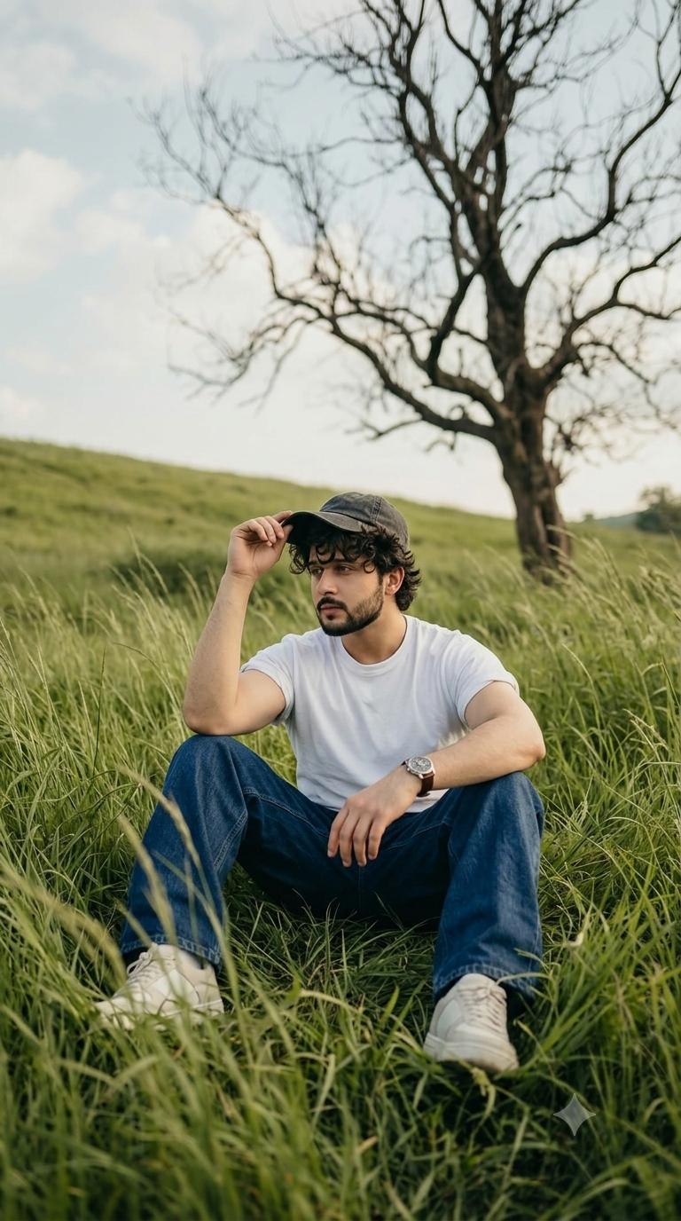 Cinematic Nature Lush Green Hillside Portrait AI Image Prompt Gemini | White T-Shirt, Blue Jeans