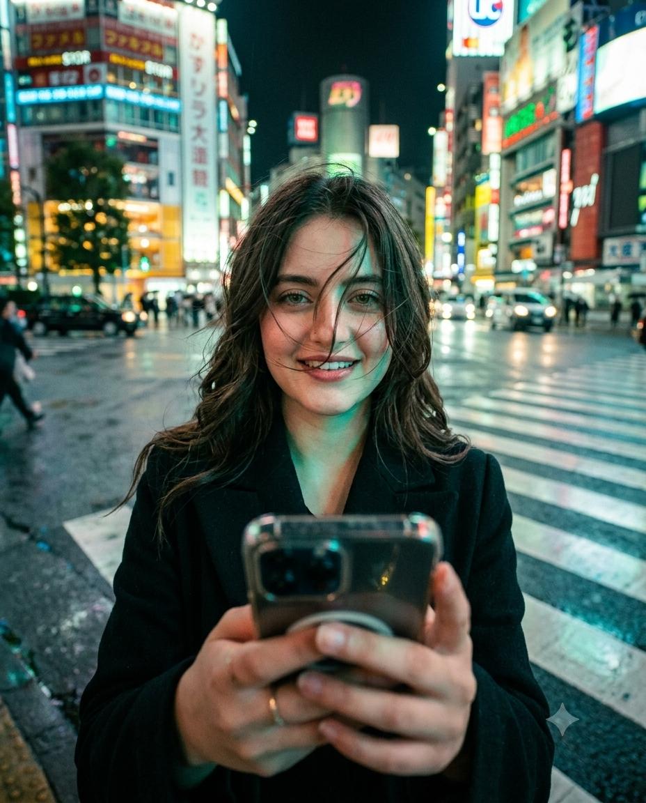 Cinematic Neon City Selfie AI Image Prompt Gemini | Teal-Cyan Lights, Rainy Streets & Vintage 35mm Photography