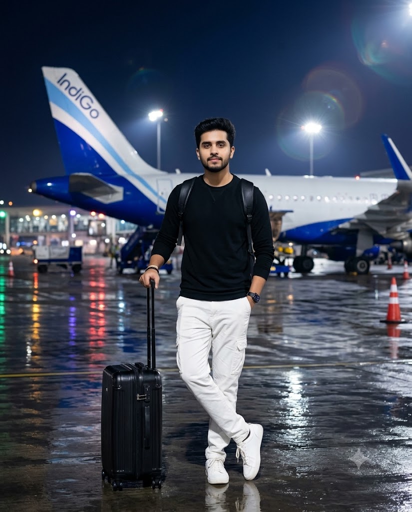 Cinematic Night Airport Portrait with IndiGo Airplane AI Image Prompt