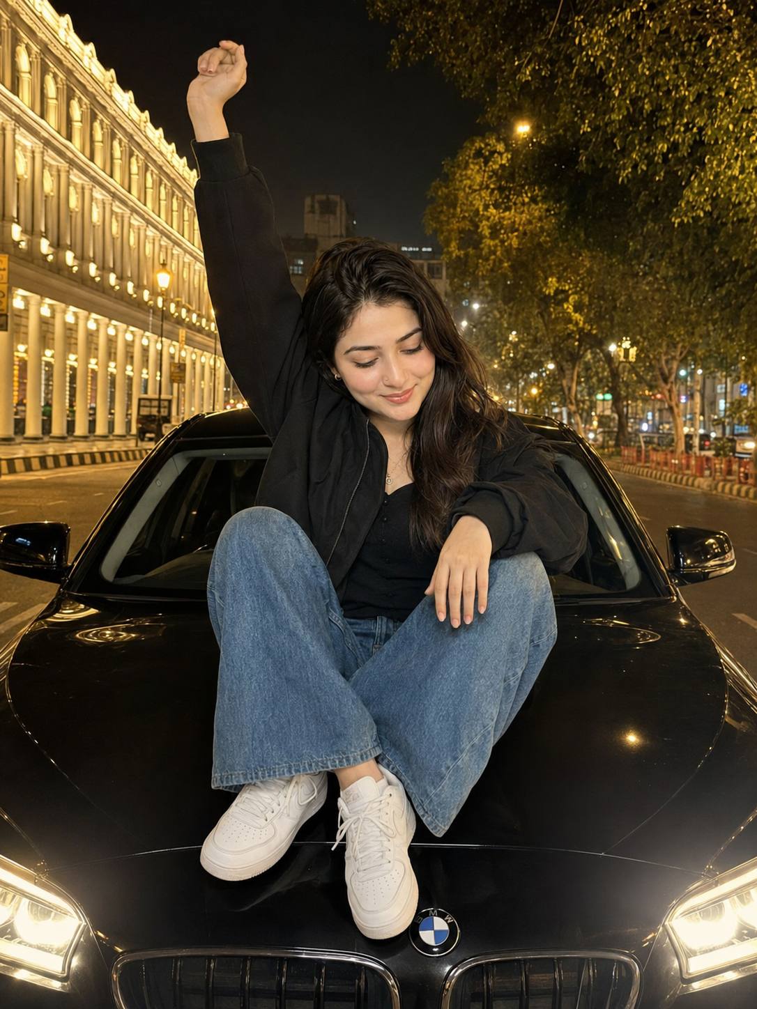 Cinematic Night Portrait on Luxury Black Car – Ultra-Realistic AI Image Prompt