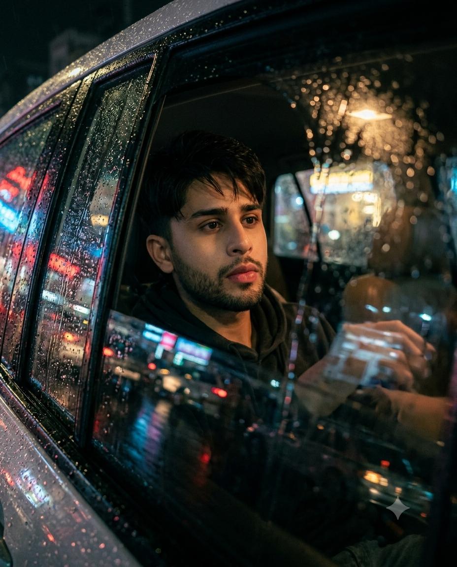 Cinematic Rainy Night Car Portrait AI image prompt Gemini | neon city reflections and cinematic lighting
